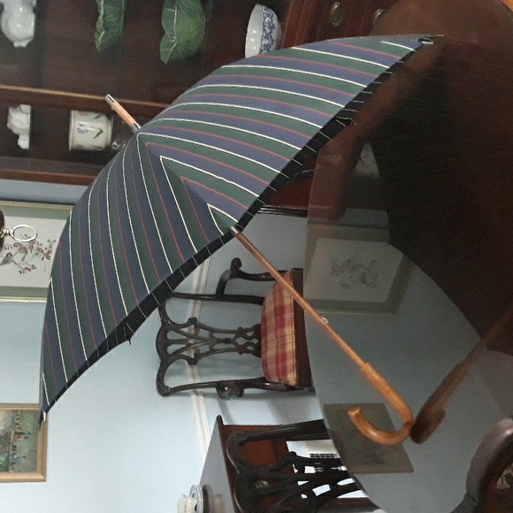 Men's Luxury Striped Walking Umbrella with Wooden Handle and Stem, Like New - Picture 1 of 10
